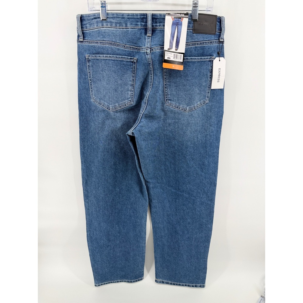 Express Embellished Rhinestone Straight Leg Jeans Medium Wash Blue Womens 12 NEW - Picture 2 of 9